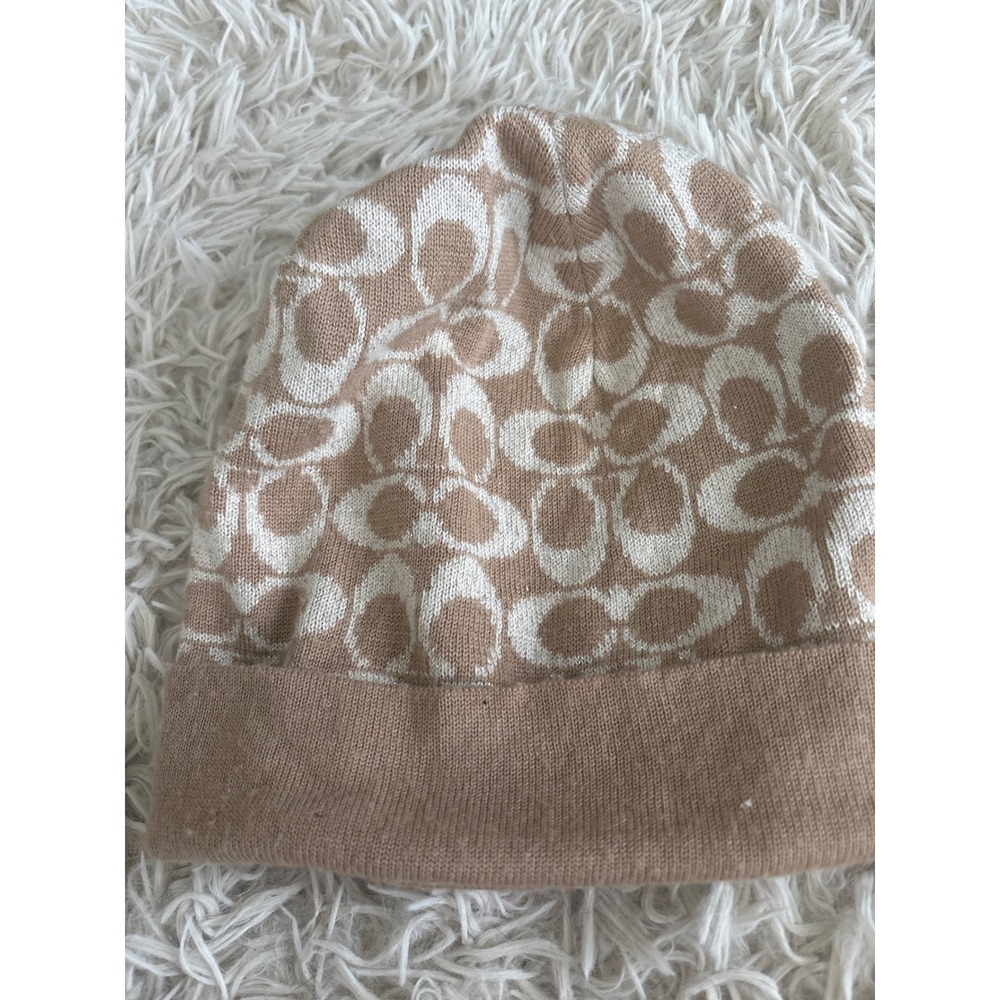 Vintage y2k Coach Signature C Logo Beanie Hat Tan Cream Wool Blend OS‎ - Picture 2 of 5
